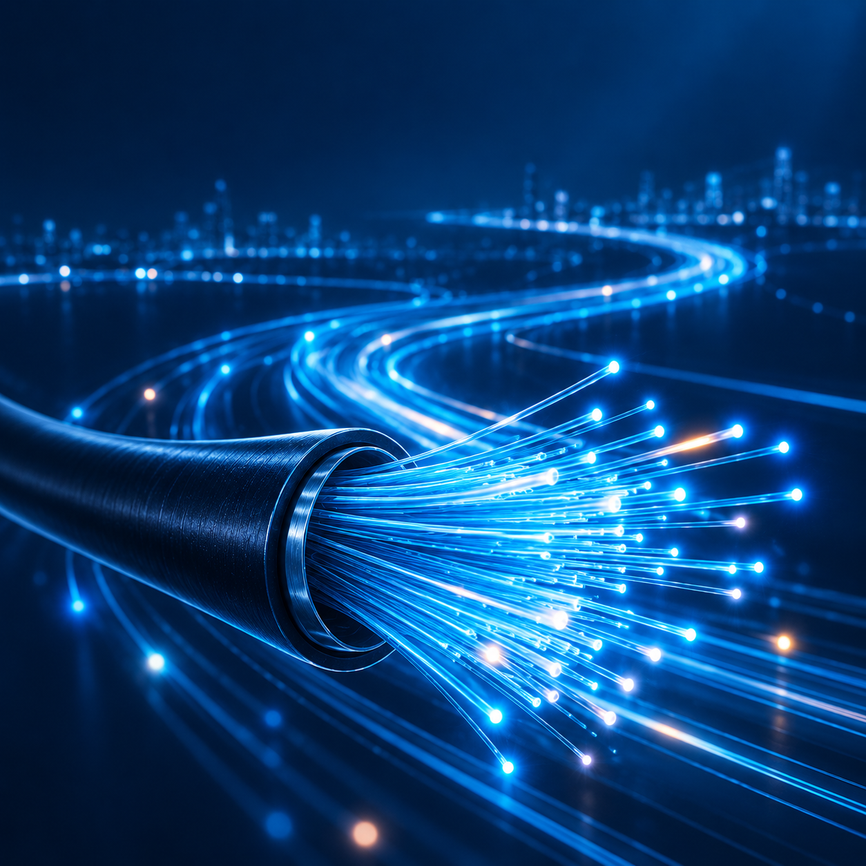 Optical fiber cable with glowing blue strands