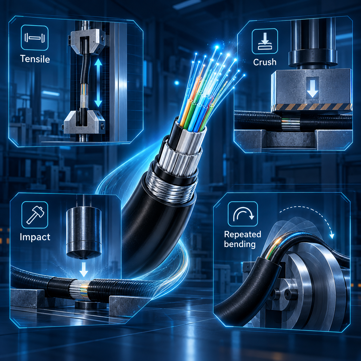 Mechanical optical fiber cable tests: tensile, crush, impact and repeated bending